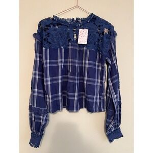 FREE PEOPLE Darling Diana Tunic  Top Size XS-Plaid Blue White $128